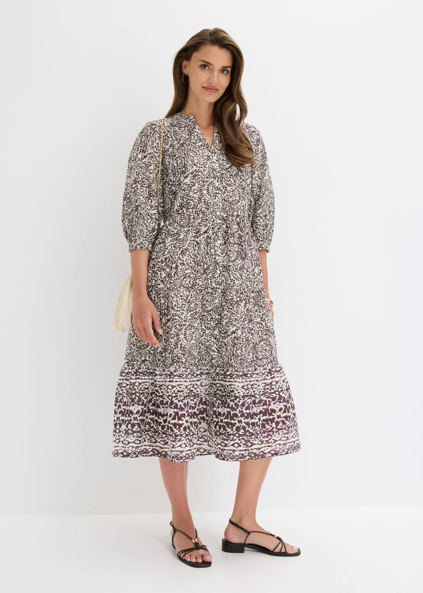 Midi jurk van licht katoen • donkerbruin gedessineerd • bonprix online shop