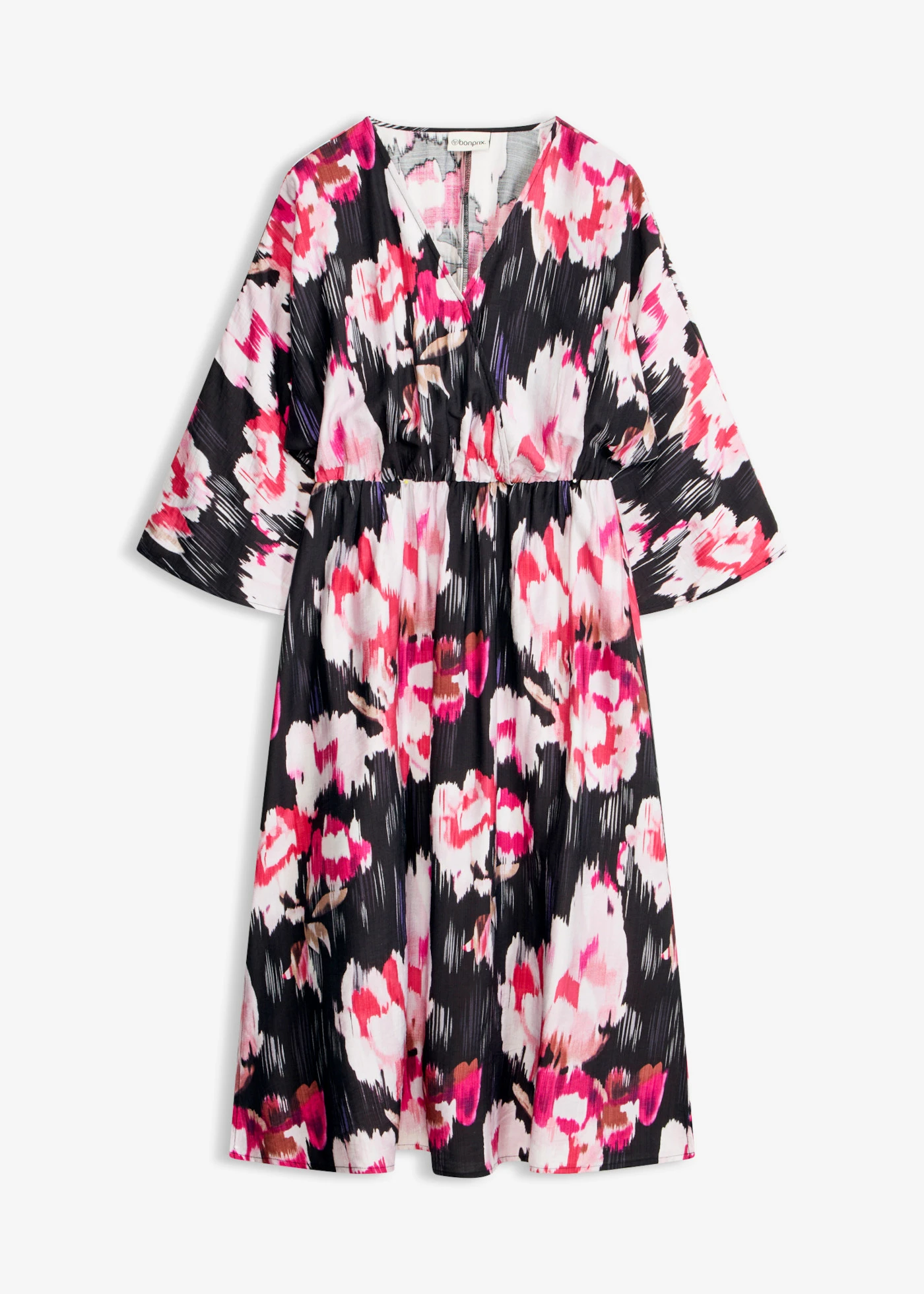 Rochie midi din amestec fluid cu viscoză • negru-pink floral • magazin bonprix