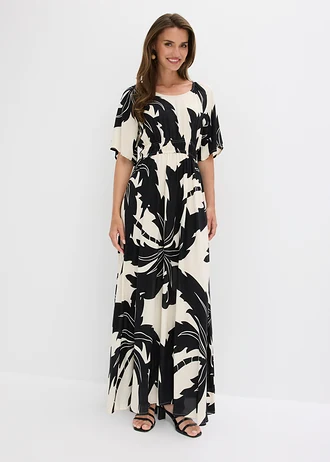 Rochie maxi din viscoză fluidă • ecru-negru cu imprimeu • magazin bonprix