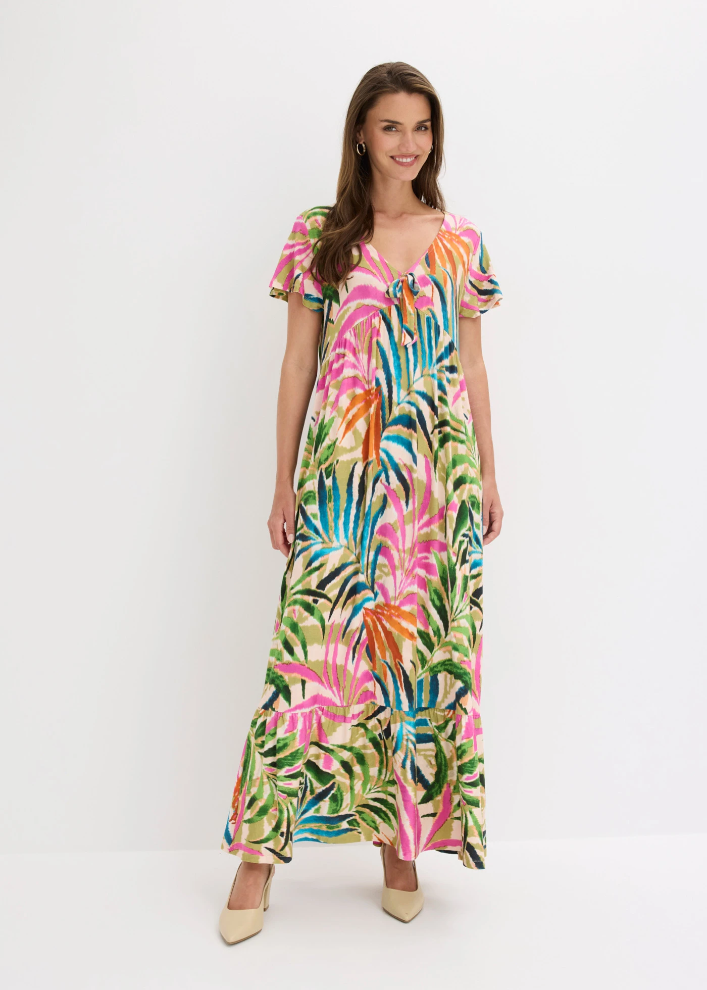Rochie din jerse din amestec moale cu viscoză • ecru-verde-pink floral • magazin bonprix