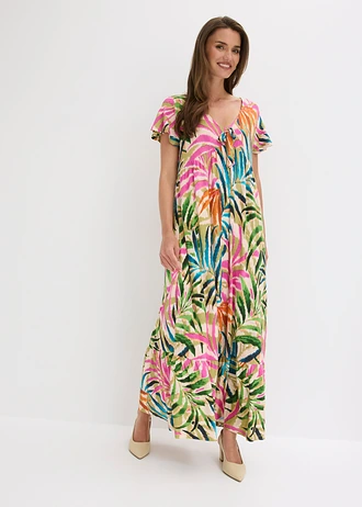 Robe douce en jersey • écru-vert-rose vif floral • Boutique bonprix