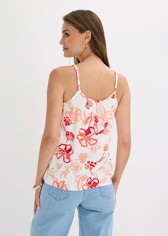 Top à fines bretelles en viscose extensible douce, Couleur: crème-rouge floral