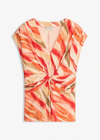 Shirt in een zachte viscosemix met drapering, Kleur: crème-koraalrood met print