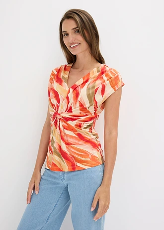 T-shirt drapé en viscose extensible douce • crème-corail imprimé • Boutique bonprix