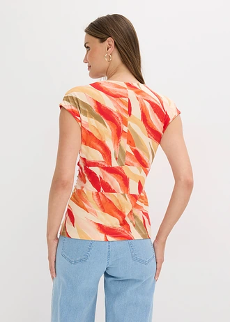 T-shirt drapé en viscose extensible douce, Couleur: crème-corail imprimé