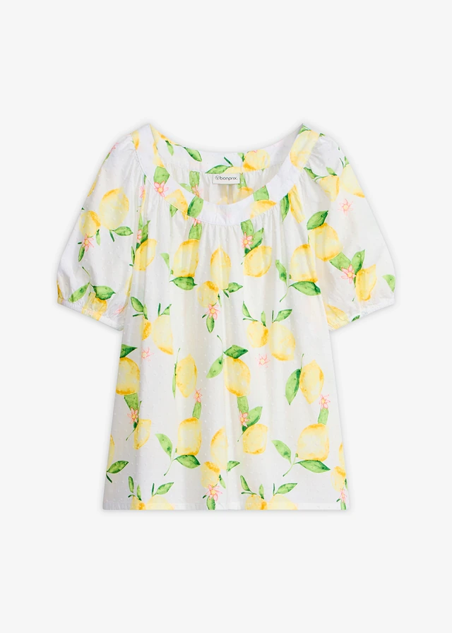 Blouse 100% coton à manches ballon, Couleur: blanc-jaune imprimé citrons