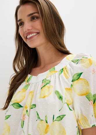 Blouse van katoen met ballonmouwen • wit-geel citroenprint • bonprix online shop