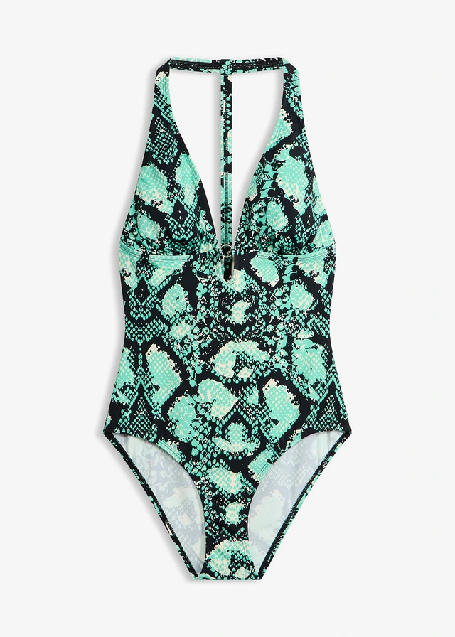 Costum de baie neckholder cu spate deosebit • verde-mentol-negru cu imprimeu șarpe • magazin bonprix