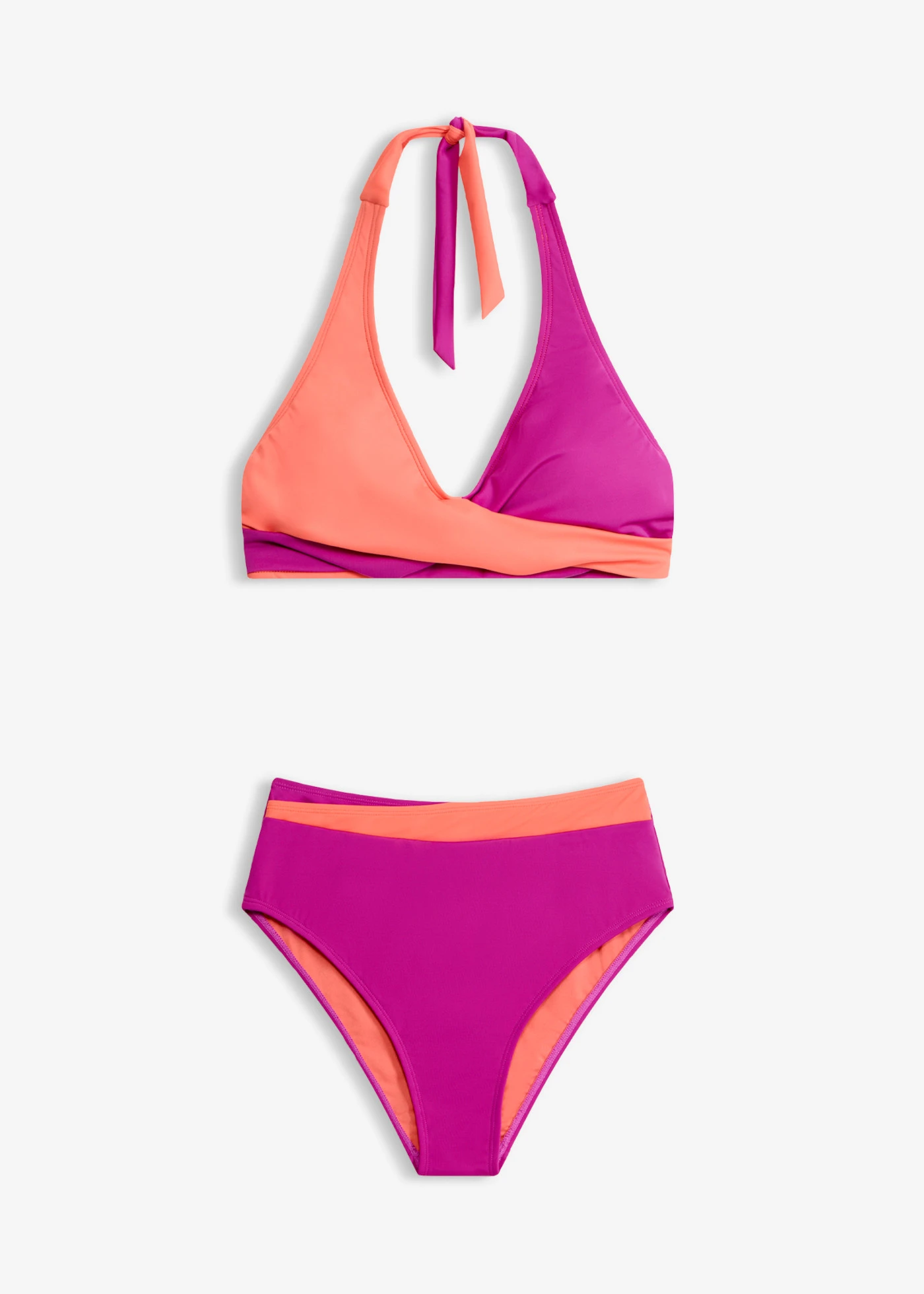 Bikiny se zavinovacím vzhledem a ramínkem kolem krku (2dílná souprava) • fialovo-korálová • bonprix obchod