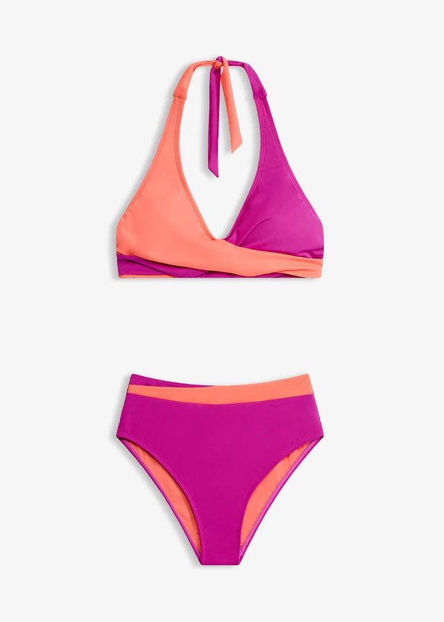 Bikini w stylu kopertowym z ramiączkami łączonymi na szyi (komplet 2-cz.) • liliowo-koralowy • sklep bonprix