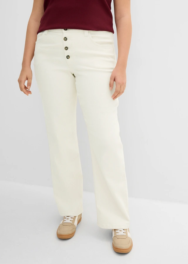 Jean droit taille haute, extensible, Couleur: blanc cassé