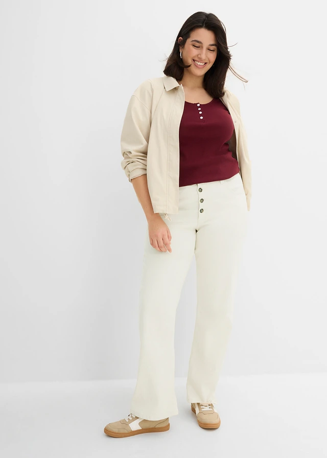 High waist stretch jeans, straight, Kleur: wolwit