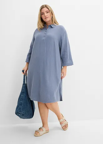 Košilové šaty z mušelínu, barva: kouřově modrá