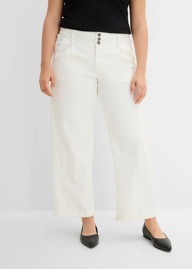 Jean large, taille haute et élastiquée, cropped, Couleur: écru