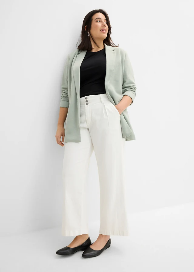 Jean large, taille haute et élastiquée, cropped, Couleur: écru