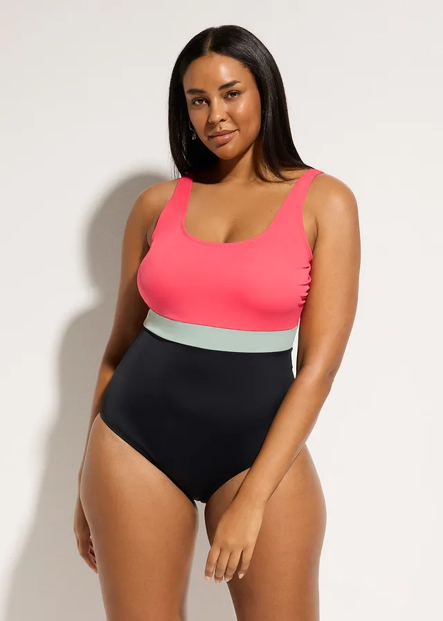 Maillot 1 pièce séchage rapide, color-block, Couleur: rose paradis/gris vert/noir