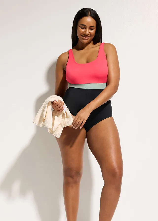 Maillot 1 pièce séchage rapide, color-block, Couleur: rose paradis/gris vert/noir