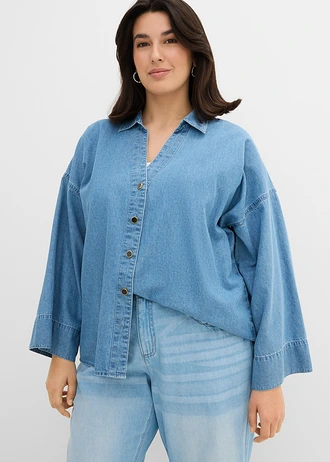 Chemisier en jean 100% coton, Couleur: bleu clair denim