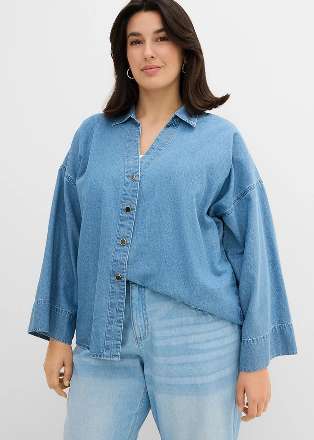 Chemisier en jean 100% coton, Couleur: bleu clair denim