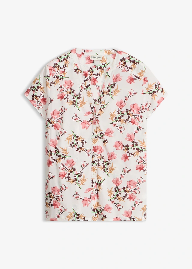 Blouse van viscose met korte mouwen, Kleur: wolwit gebloemd
