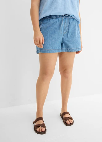 Short en jean, taille mi-haute élastiquée, Couleur: bleu clair denim used
