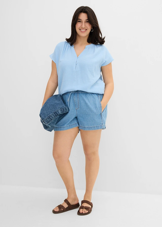 Jeans short met comfortband, mid waist, Kleur: lichtblauw denim used
