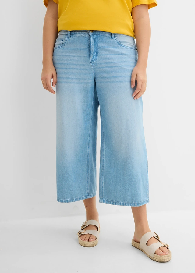 Wide leg jeans mid waist, comfort tailleband, Kleur: lichtblauw denim used