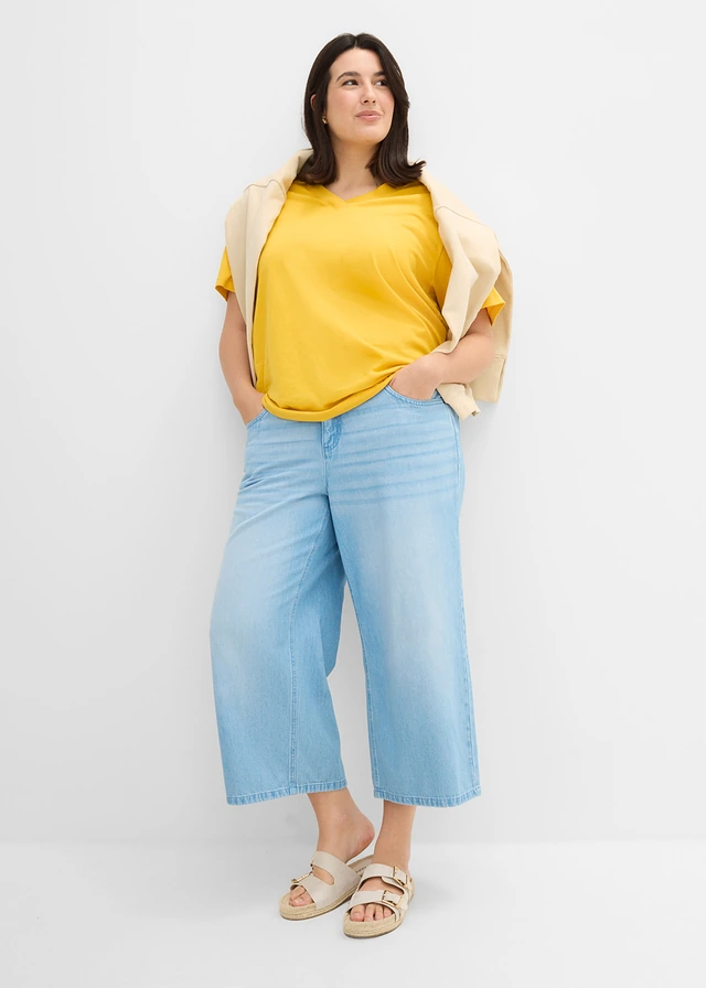 Jean large à taille mi-haute élastiquée, Couleur: bleu clair denim used