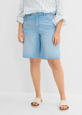 Bermudy jeansowe mid waist, wygodna talia, kolor: jasnoniebieski denim "used"