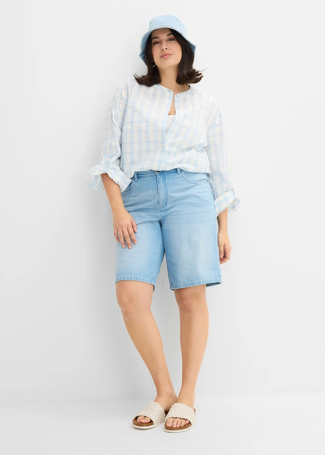 Jeans mid waist bermuda met een comfortabele tailleband, Kleur: lichtblauw denim used