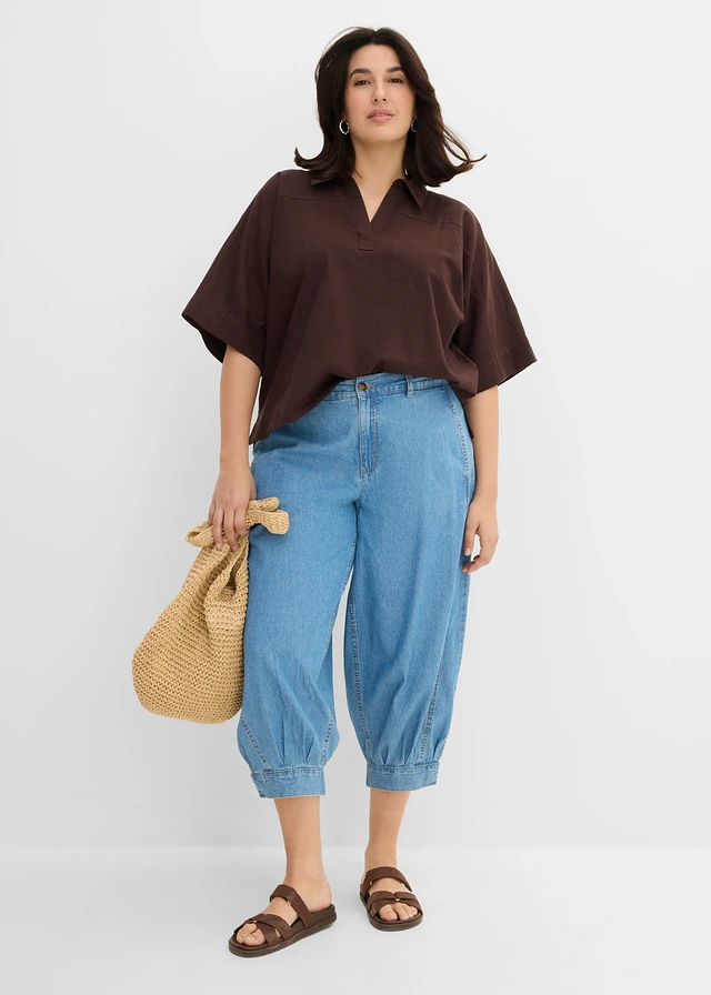 Ballonjeans mid waist, comfortabele tailleband, Kleur: lichtblauw denim used
