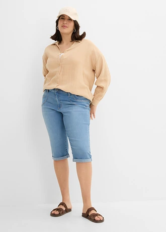 Jean droit taille mi-haute, cropped, Couleur: bleu clair denim used