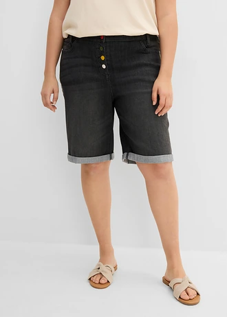 Bermuda en jean avec broderie, taille mi-haute élastiquée, Couleur: noir denim used