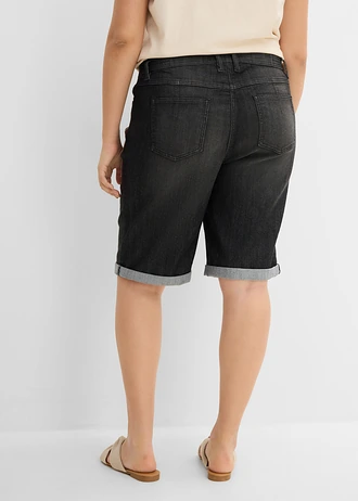 Bermuda en jean avec broderie, taille mi-haute élastiquée, Couleur: noir denim used