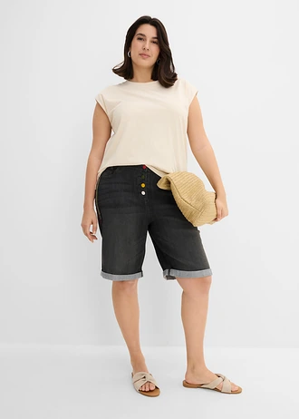 Bermuda en jean avec broderie, taille mi-haute élastiquée, Couleur: noir denim used