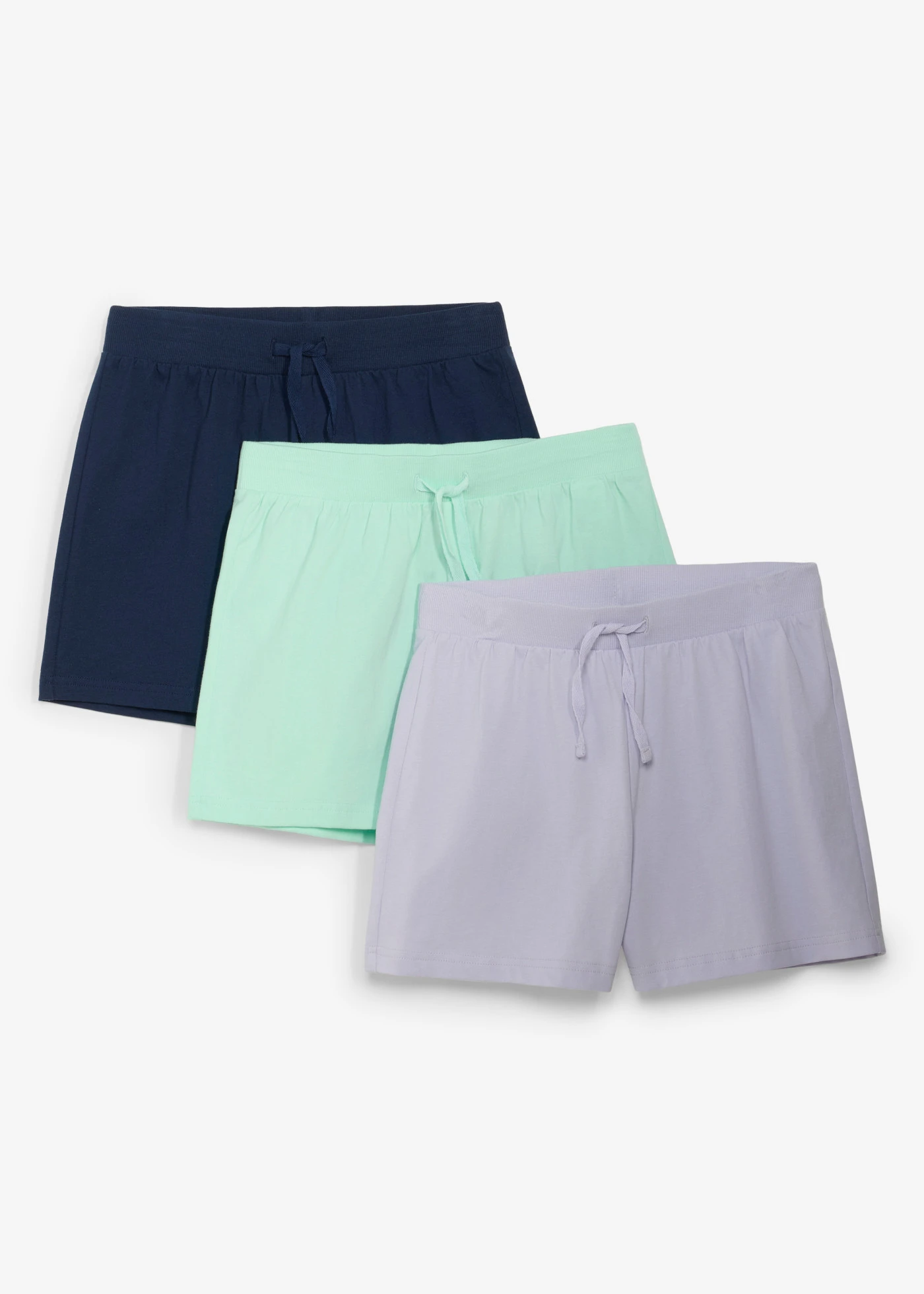 Pantaloni scurți de jerse din bumbac 100% (set/2 buc.) • violet-perlă+bleumarin+verde-mentă deschis • magazin bonprix