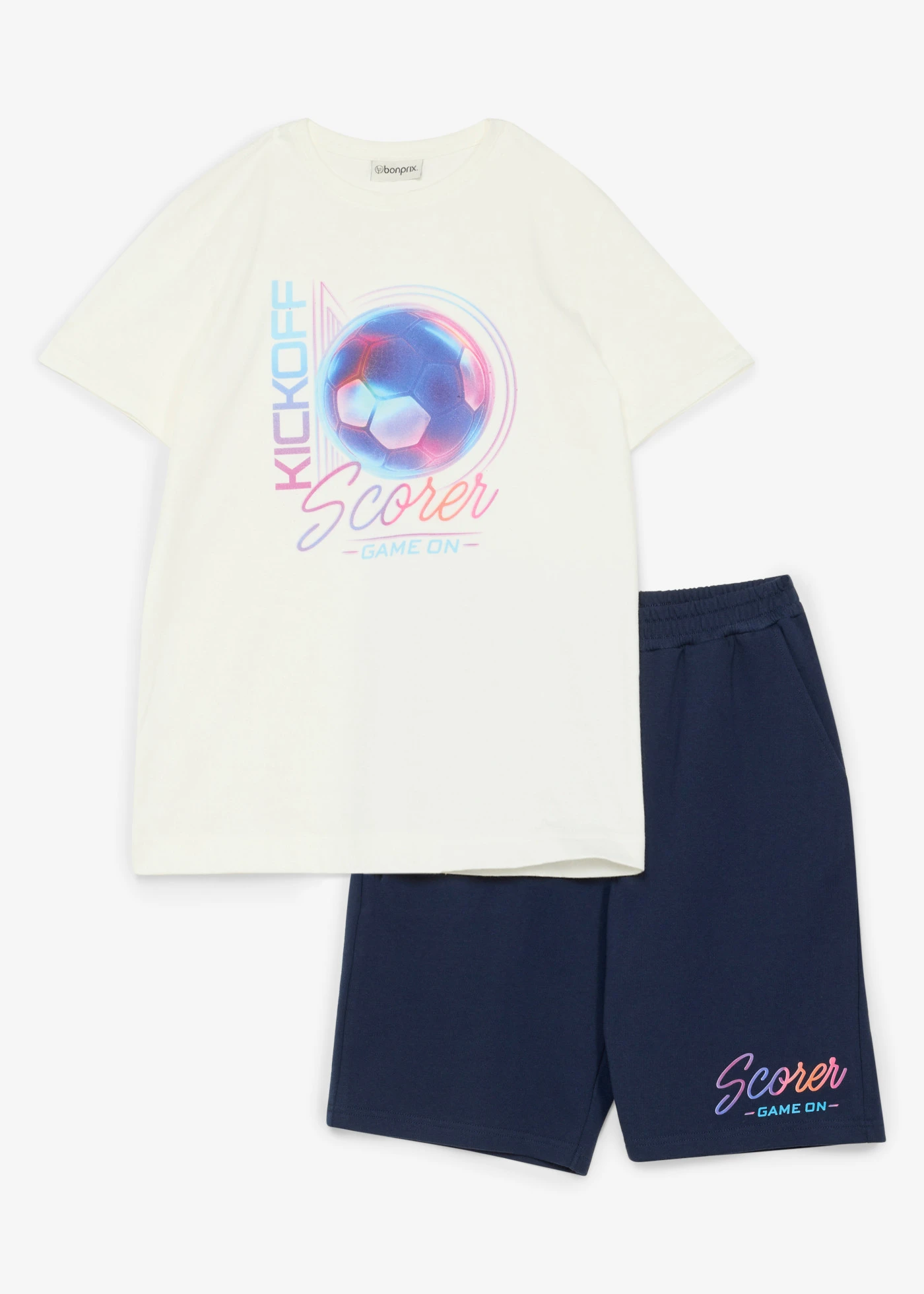 T-shirt i bermudy dresowe z czystej bawełny organicznej (komplet 2.-cz) • biel wełny - ciemnoniebieski z nadrukiem • sklep bonprix
