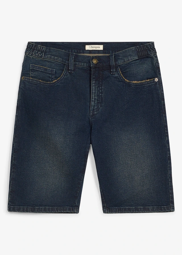 Bermuda long en jean à taille extensible, loose, Couleur: bleu foncé denim