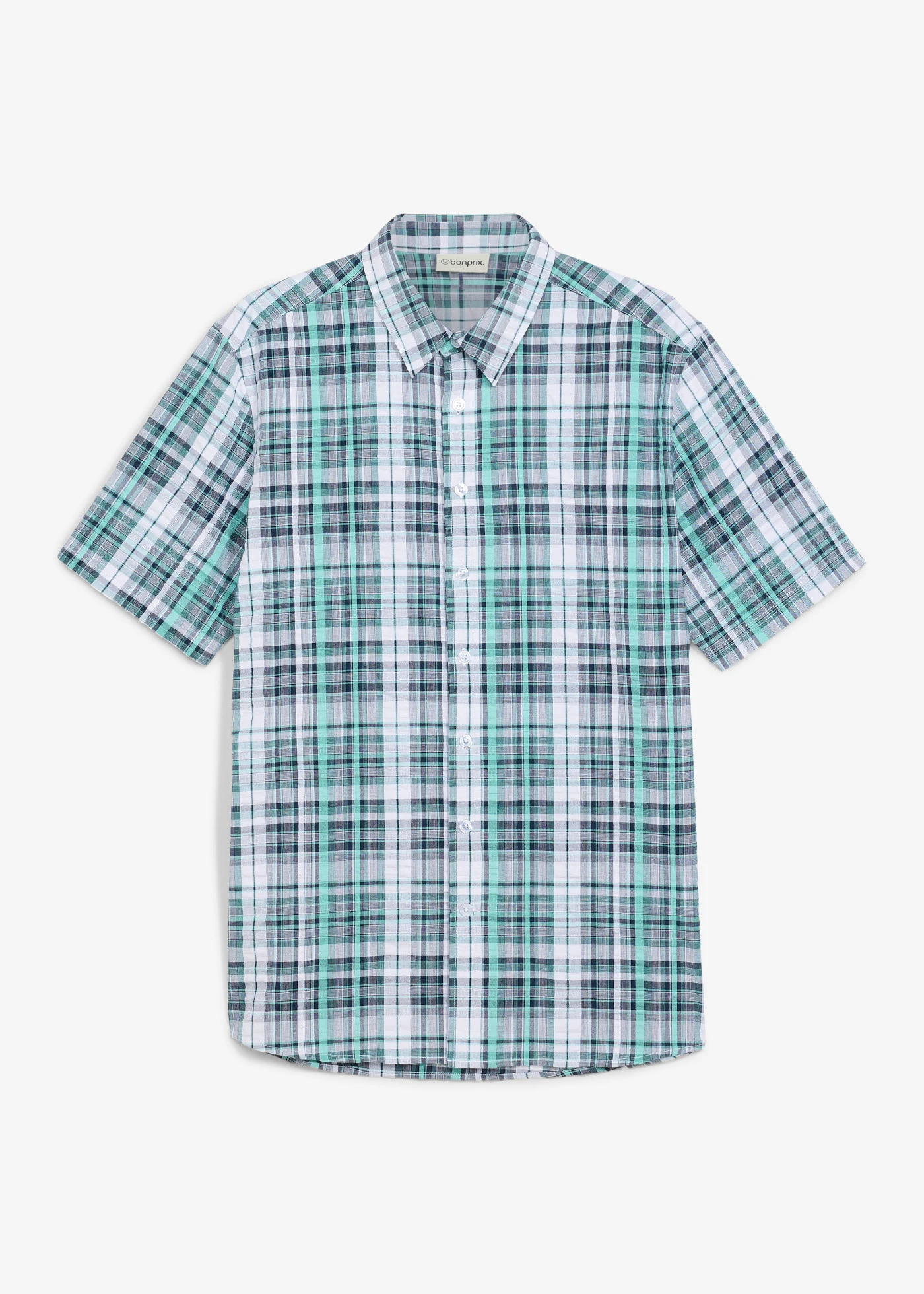 Seersucker overhemd van katoen met korte mouwen • wit-pacifisch groen geruit • bonprix online shop