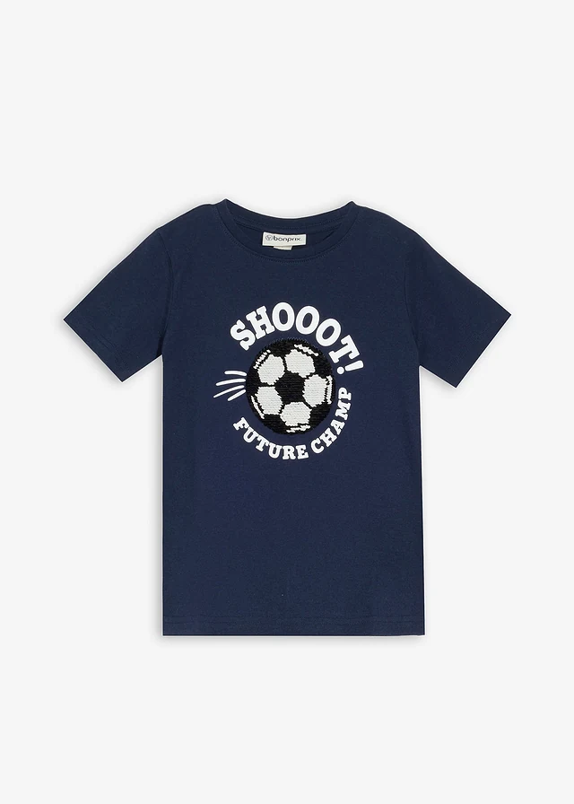 T-shirt z czystej bawełny organicznej zdobiony dwustronnymi cekinami • granatowy z nadrukiem • sklep bonprix