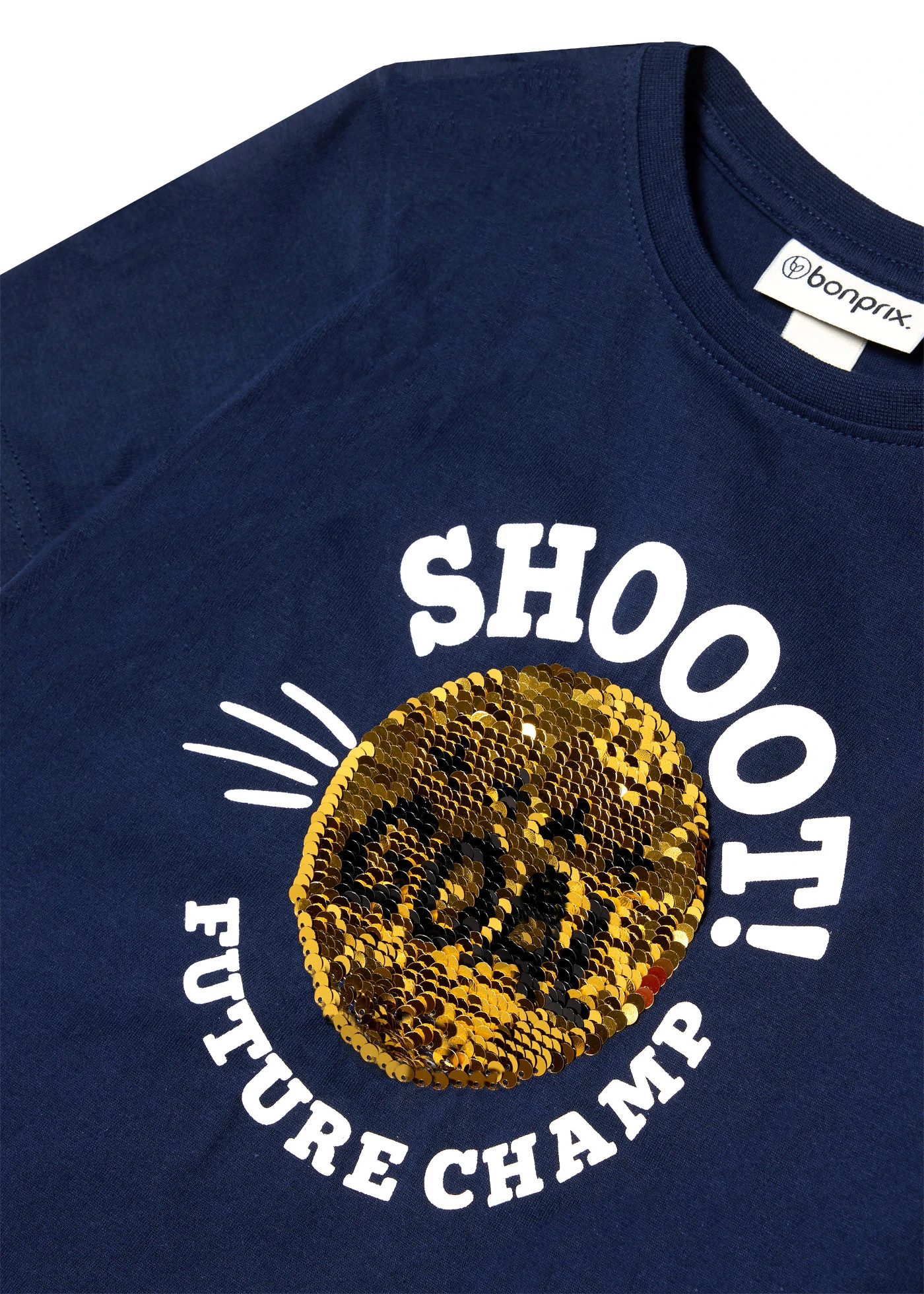 T-shirt z czystej bawełny organicznej zdobiony dwustronnymi cekinami • granatowy z nadrukiem • sklep bonprix