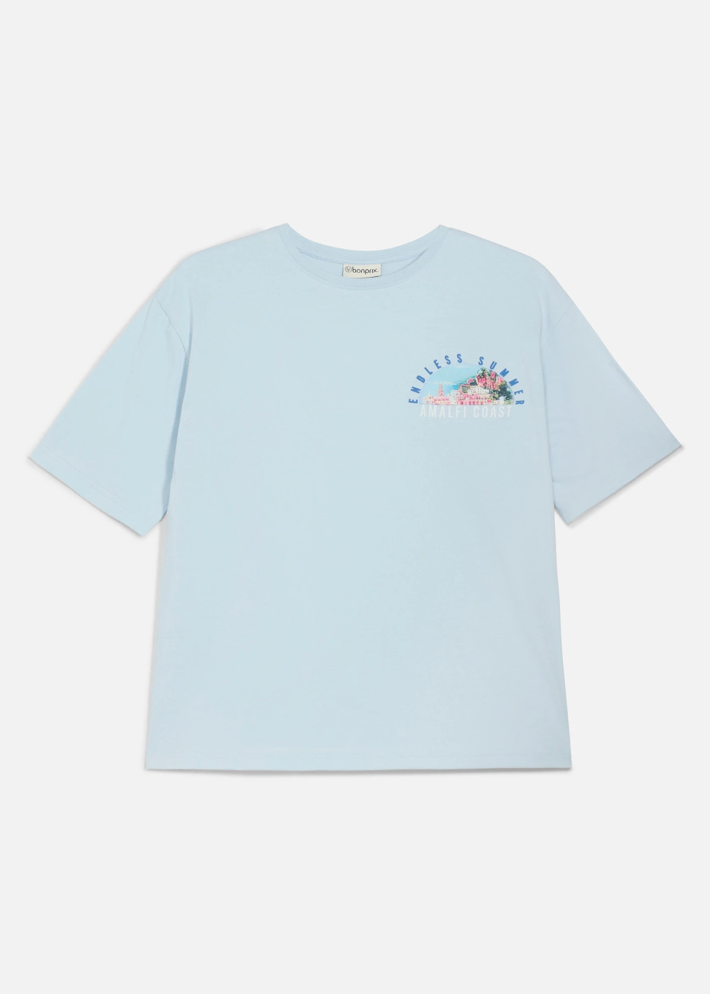 T-shirt z czystej bawełny organicznej, z dużym nadrukiem na plecach, loose fit • pudrowy niebieski z nadrukiem • sklep bonprix
