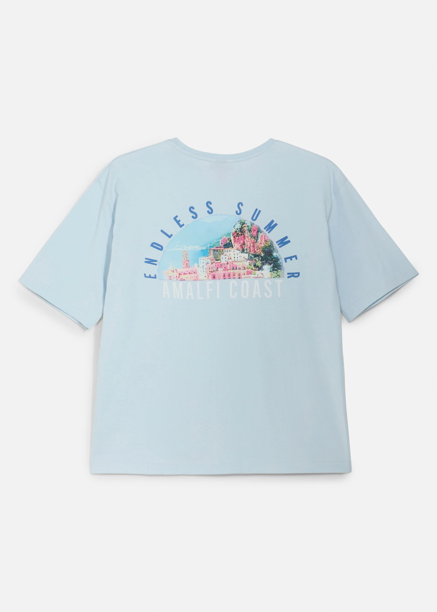 T-shirt z czystej bawełny organicznej, z dużym nadrukiem na plecach, loose fit • pudrowy niebieski z nadrukiem • sklep bonprix