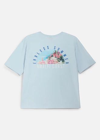 T-shirt z czystej bawełny organicznej, z dużym nadrukiem na plecach, loose fit • pudrowy niebieski z nadrukiem • sklep bonprix