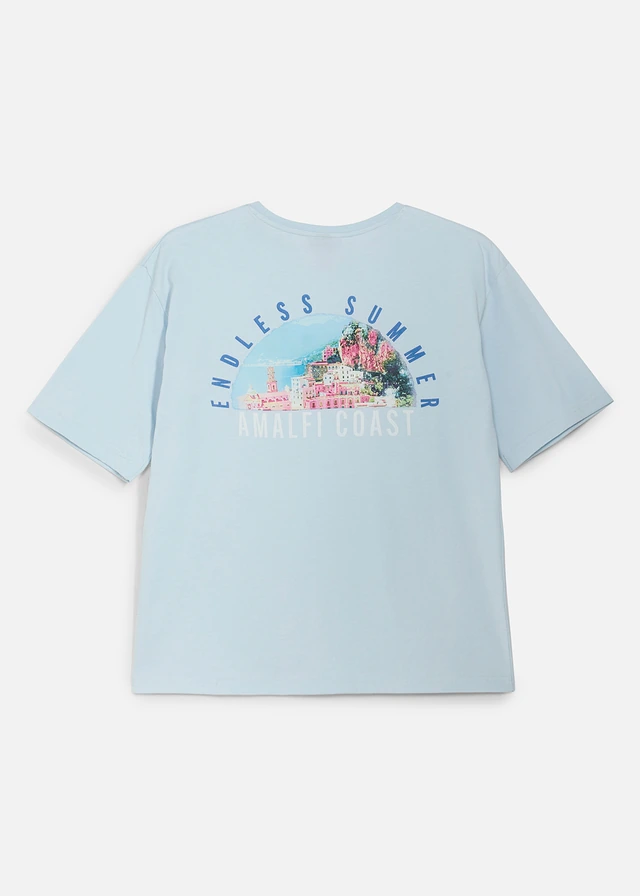 T-shirt loose 100% coton avec grand imprimé dans le dos, Couleur: bleu poudré imprimé