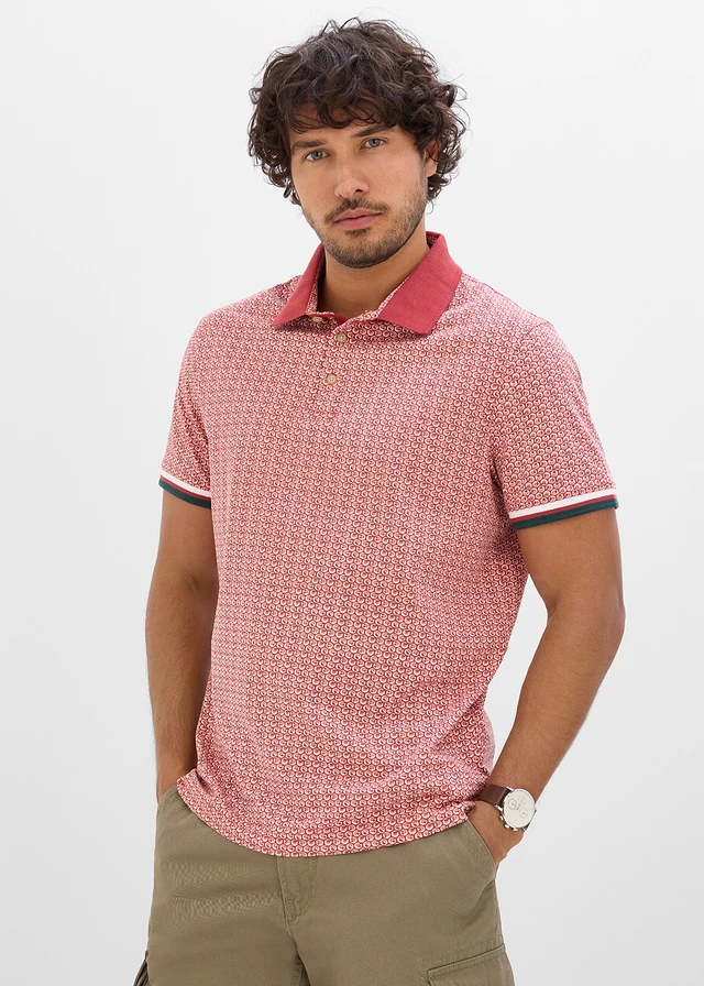 Jersey poloshirt van puur katoen, korte mouw, Kleur: woestijnrood grafische print