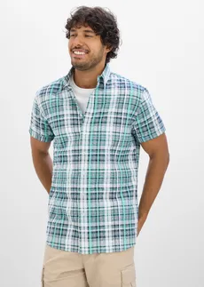 Chemise manches courtes en seersucker 100% coton, Couleur: blanc-vert pacifique carreaux
