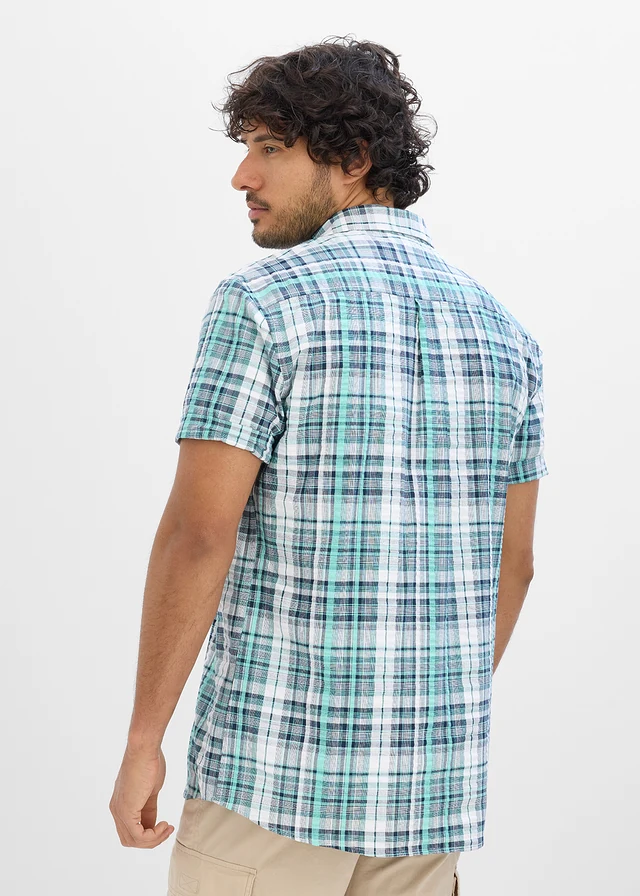 Chemise manches courtes en seersucker 100% coton, Couleur: blanc/vert pacifique carreaux
