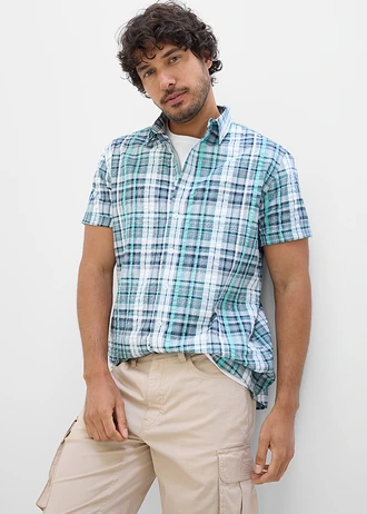 Seersucker overhemd met comfort fit en korte mouwen • wit-pacifisch groen geruit • bonprix online shop