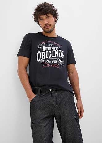 Lot de 2 T-shirts 100% coton • noir + rouge cerise imprimé • Boutique bonprix